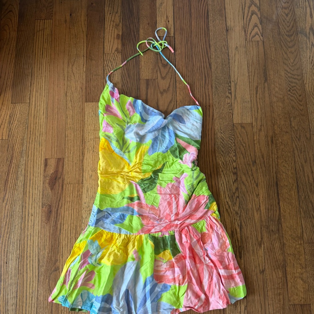 Farm Rio Love of Flower Short Dress Neon Floral Draped Cowl Neck Open Back Sz S - Picture 8 of 16